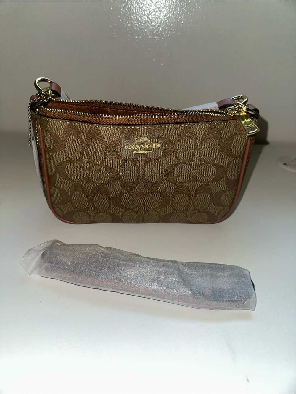 Coach Signature Mini Wristlet in Brown with Gold Hardware
